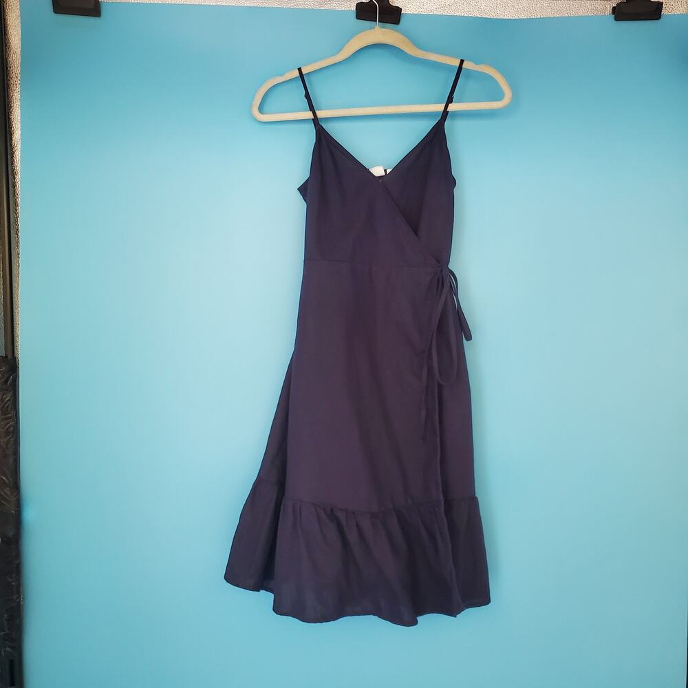 GAP Wrap Dress Size XSP Navy Blue Spaghetti Strap Linen Cotton